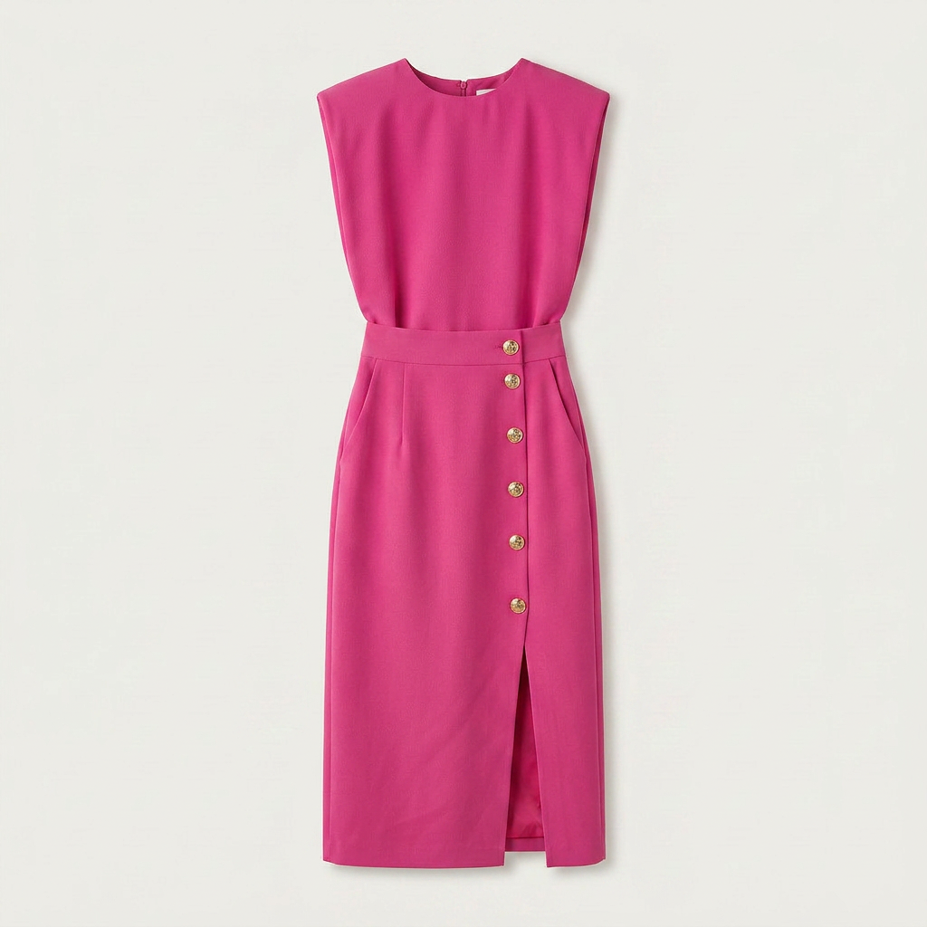 Robe Midi Femme Boutons Dorés Coupe Droite