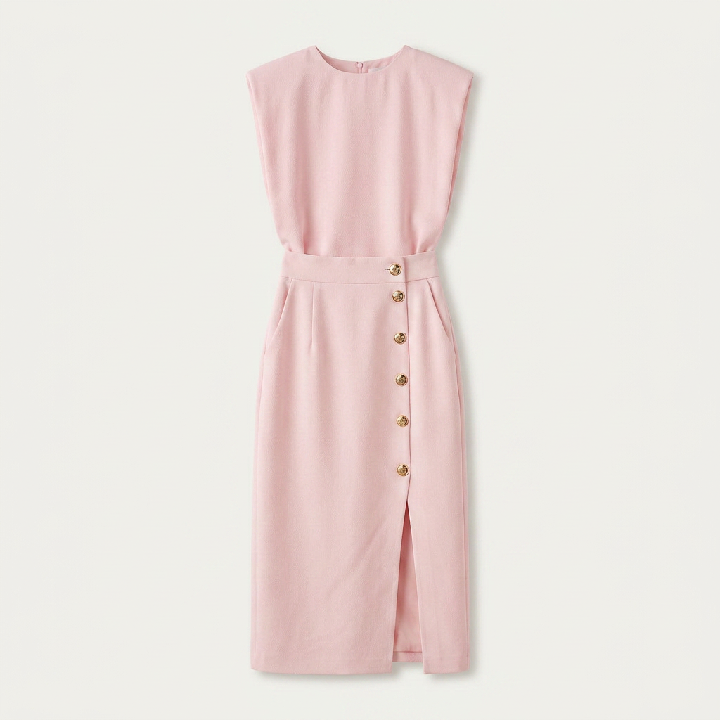 Robe Midi Femme Boutons Dorés Coupe Droite