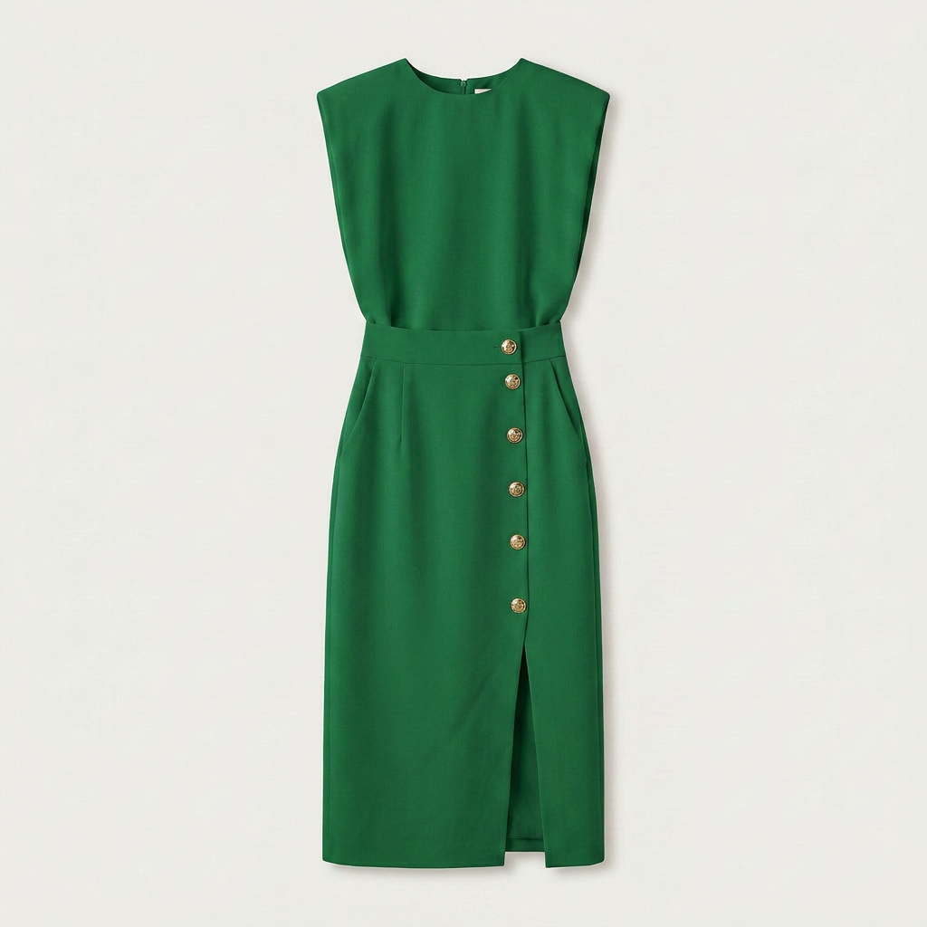 Robe Midi Femme Boutons Dorés Coupe Droite