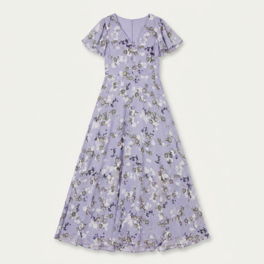 Robe Longue Fleurie Femme Col V Manches Volantes