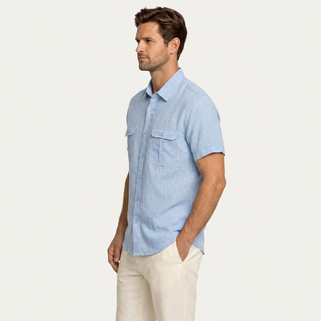 Chemise Homme Manches Courtes Doubles Poches À Rabat