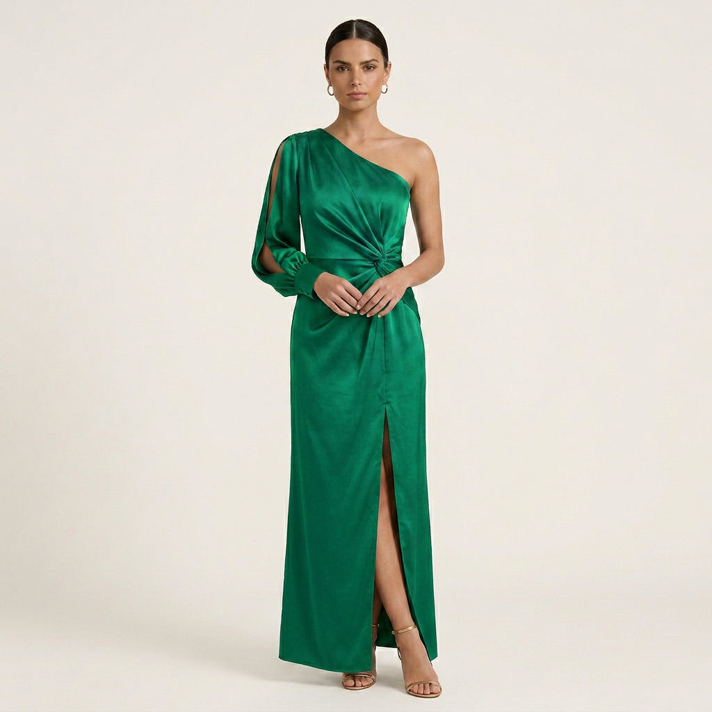 Robe Longue Satinée Femme Une Épaule Fendue