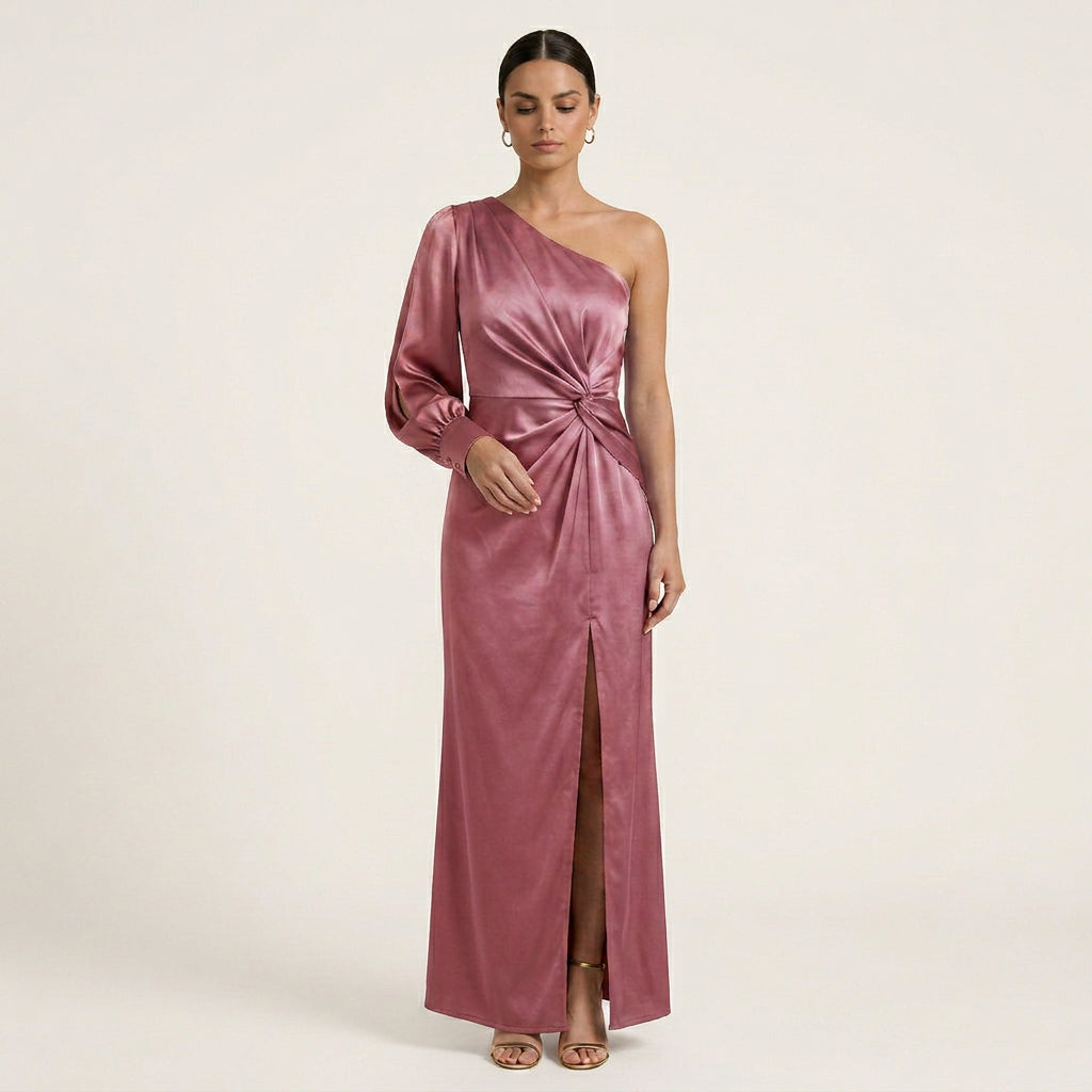 Robe Longue Satinée Femme Une Épaule Fendue