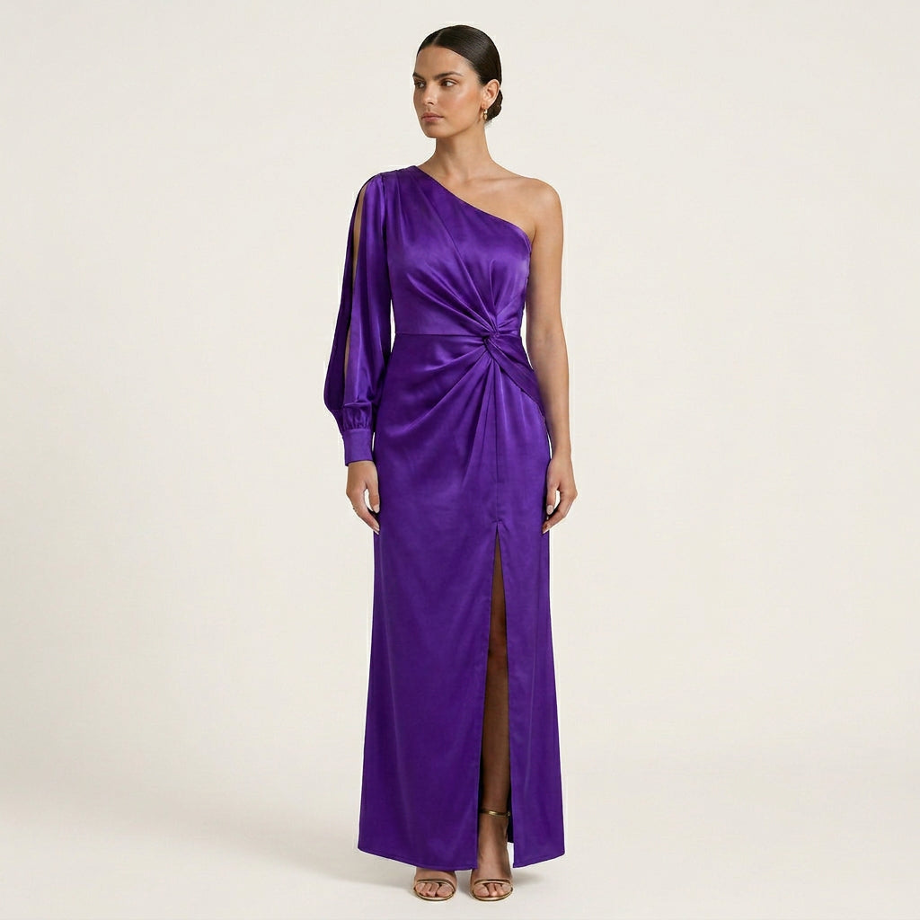 Robe Longue Satinée Femme Une Épaule Fendue