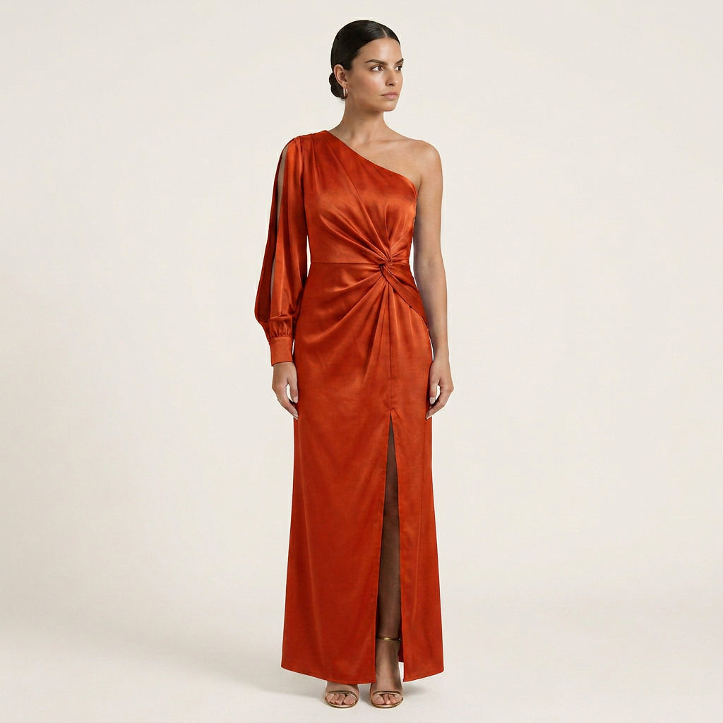 Robe Longue Satinée Femme Une Épaule Fendue