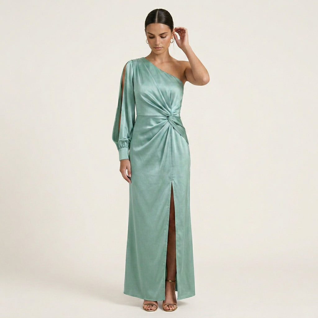 Robe Longue Satinée Femme Une Épaule Fendue
