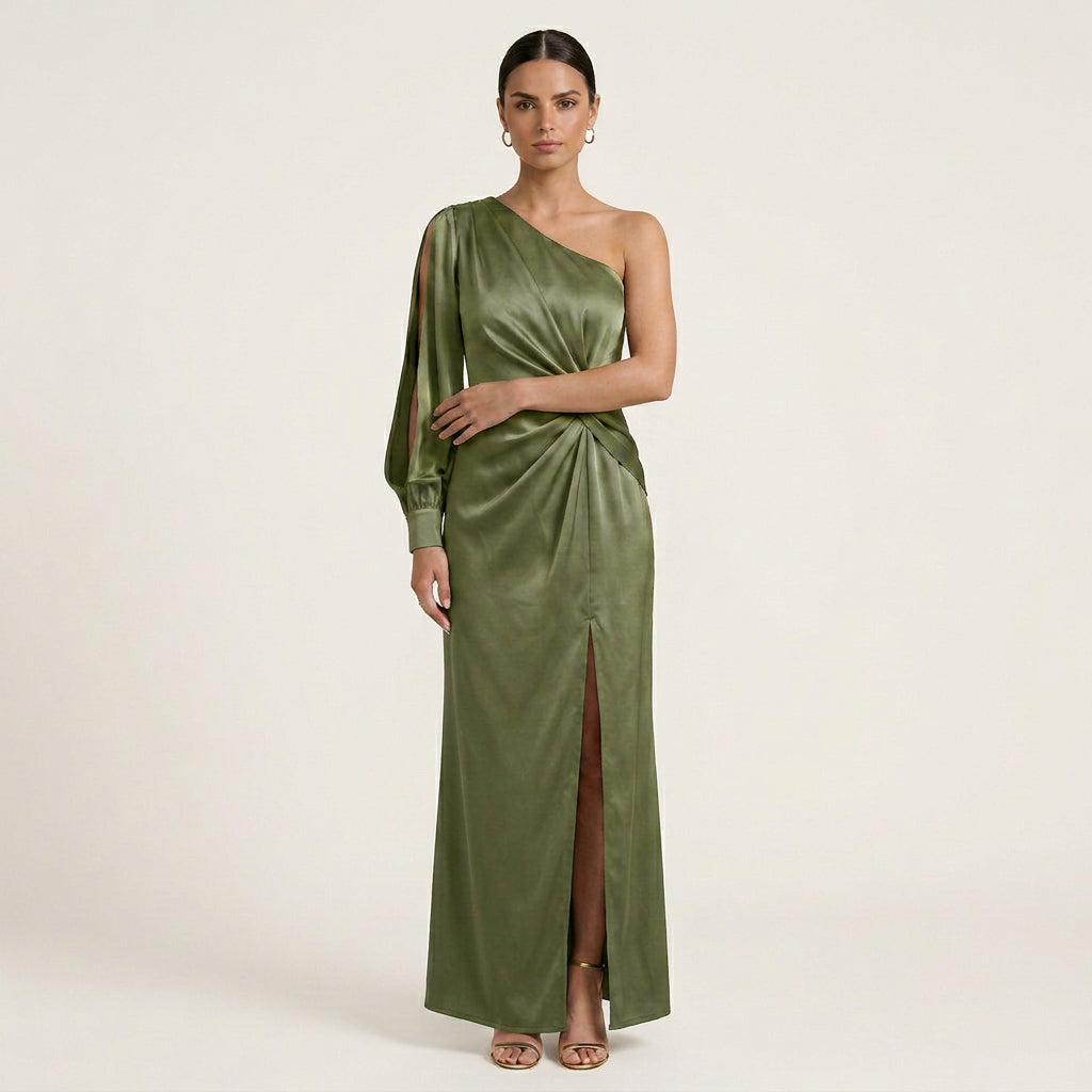 Robe Longue Satinée Femme Une Épaule Fendue