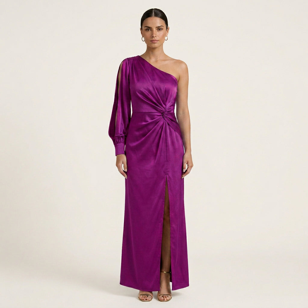 Robe Longue Satinée Femme Une Épaule Fendue