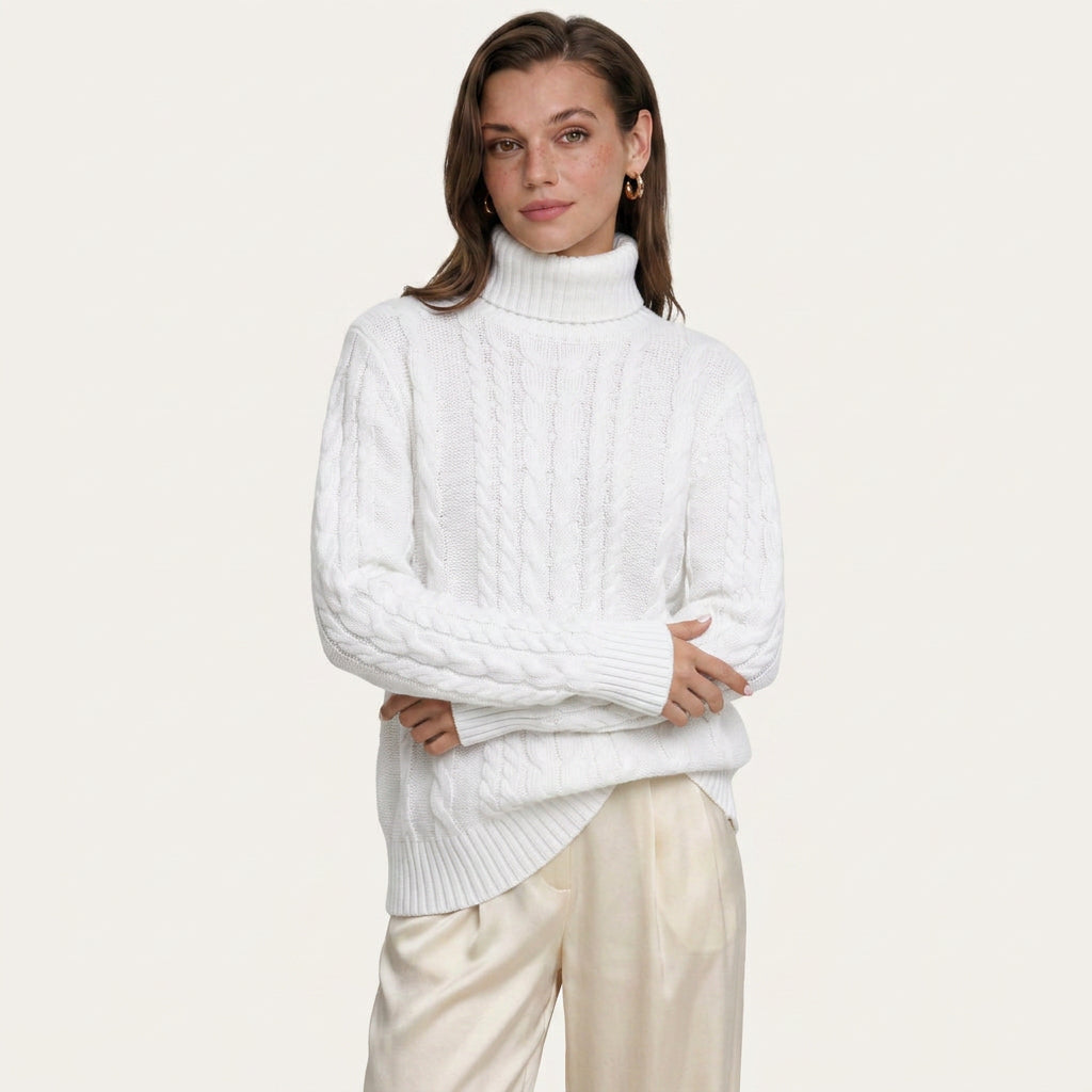 Pull Col Roulé Femme en Maille Torsadée