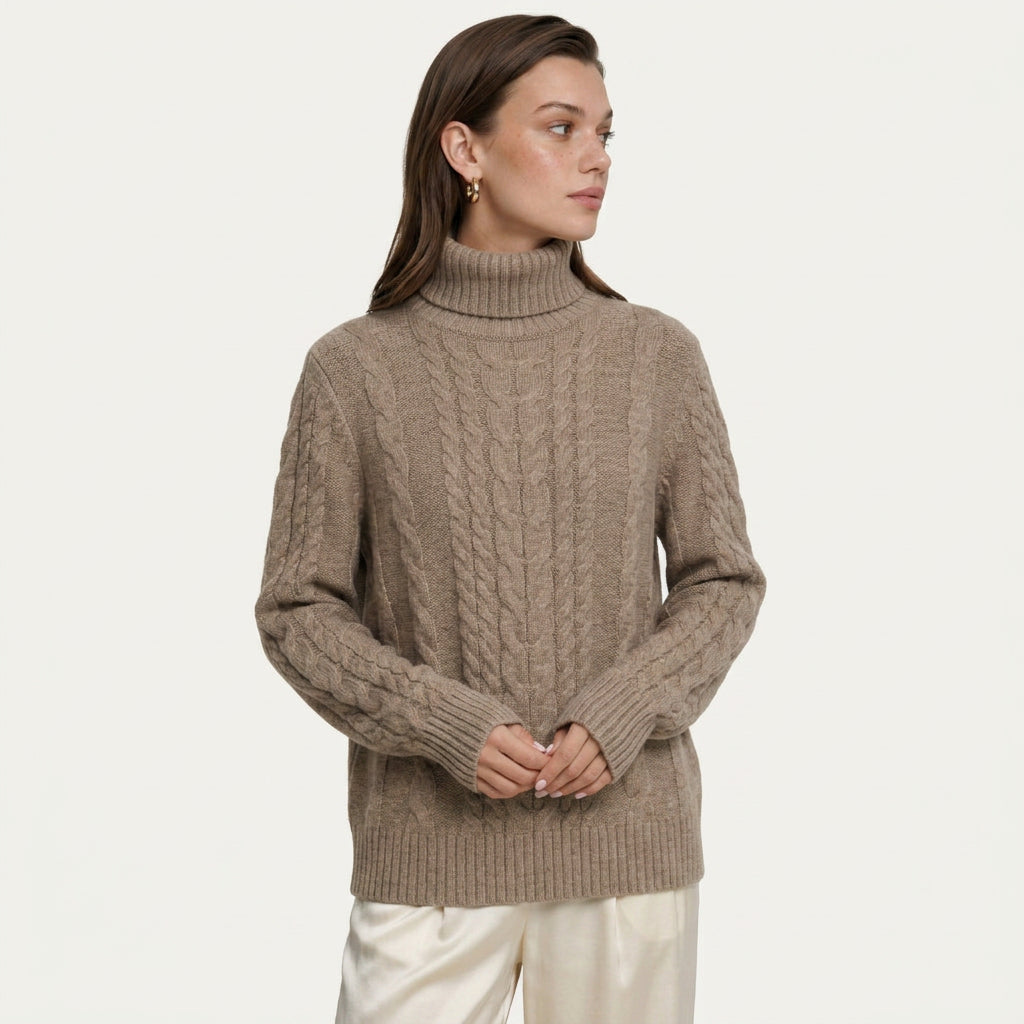 Pull Col Roulé Femme en Maille Torsadée