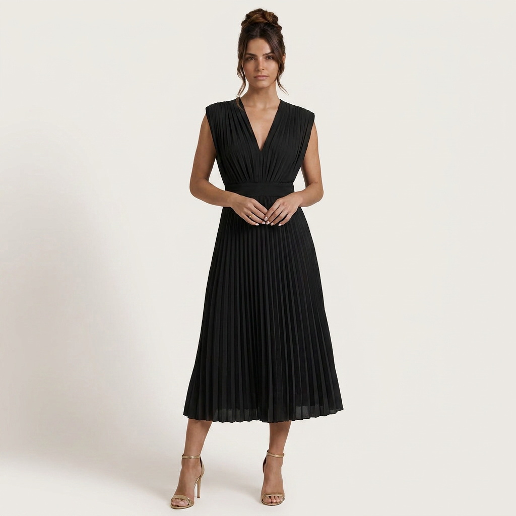 Robe Midi Femme Plissée Col V Profond
