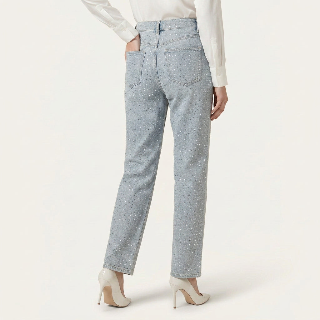 Jean Droit Femme Strass Denim Délavé