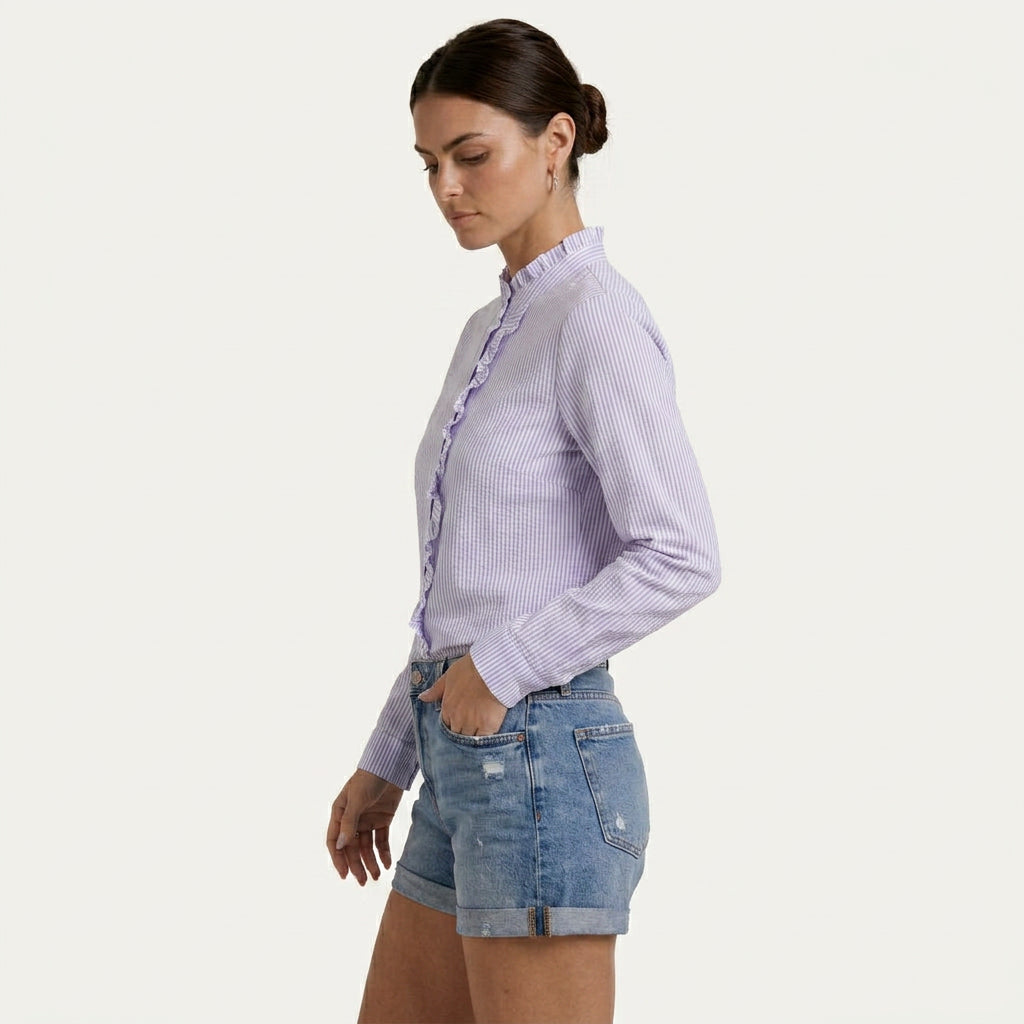 Chemisier Femme Rayé À Volants Boutonné