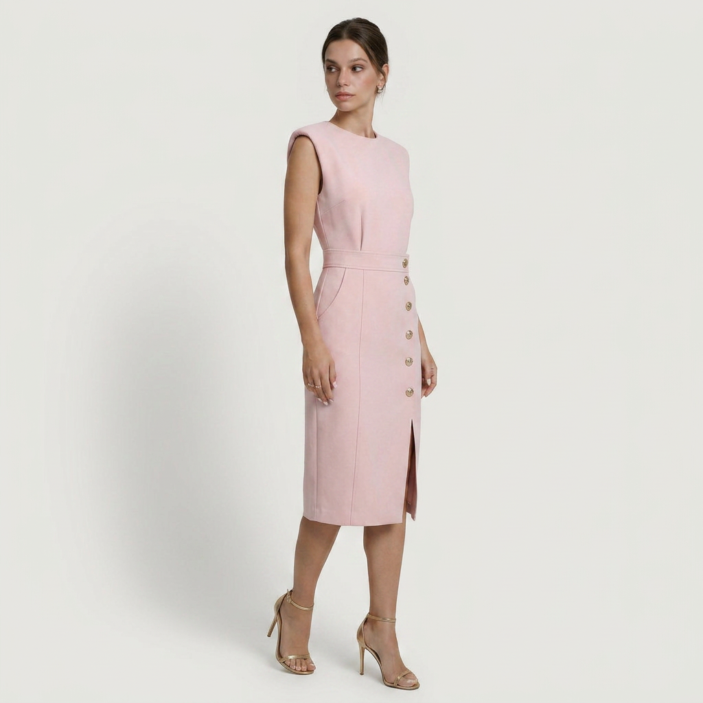 Robe Midi Sans Manches Femme Boutons Décoratifs