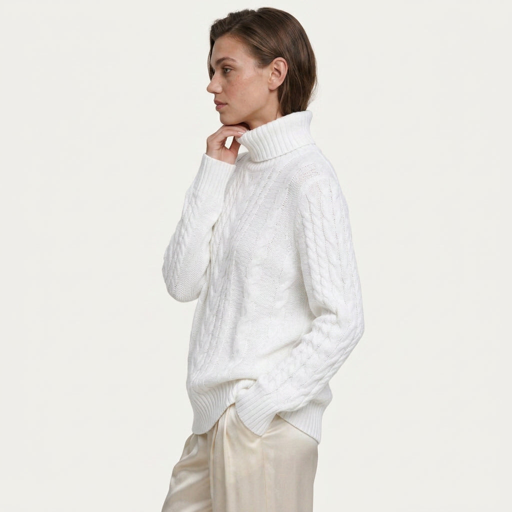 Pull Col Roulé Femme en Maille Torsadée