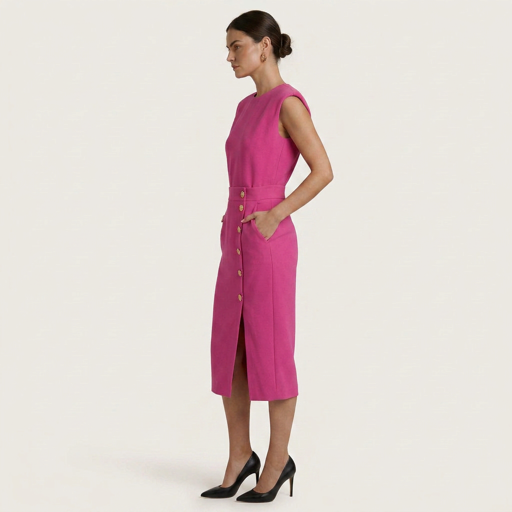 Robe Midi Femme Boutons Dorés Coupe Droite