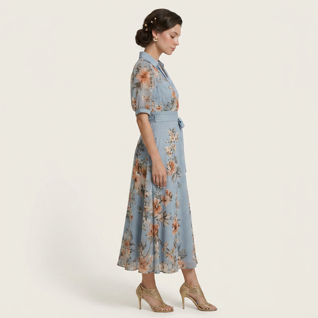 Robe Midi Fleurie Femme Portefeuille Ceinture Nouée