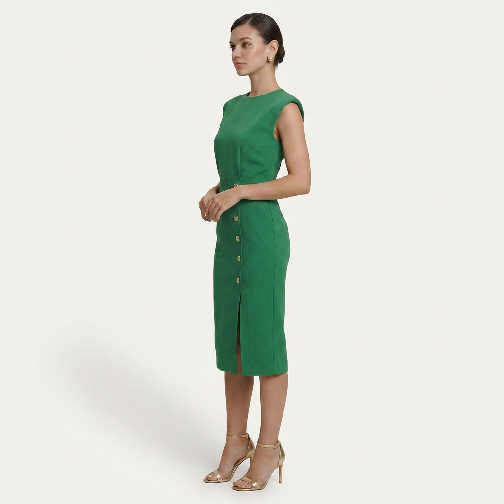 Robe Midi Sans Manches Femme Boutons Décoratifs