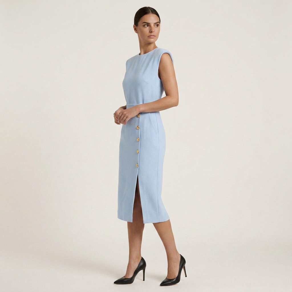 Robe Midi Femme Boutons Dorés Coupe Droite