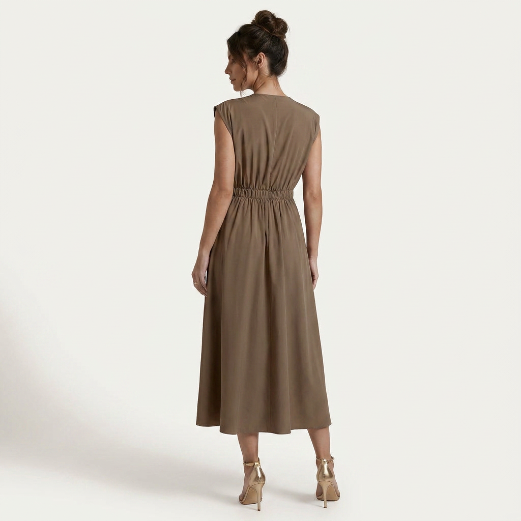 Robe Midi Femme Plissée Col V Profond