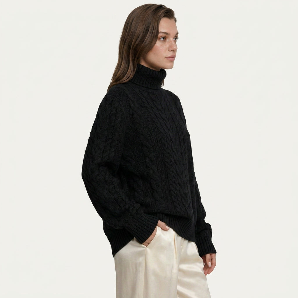 Pull Col Roulé Femme en Maille Torsadée