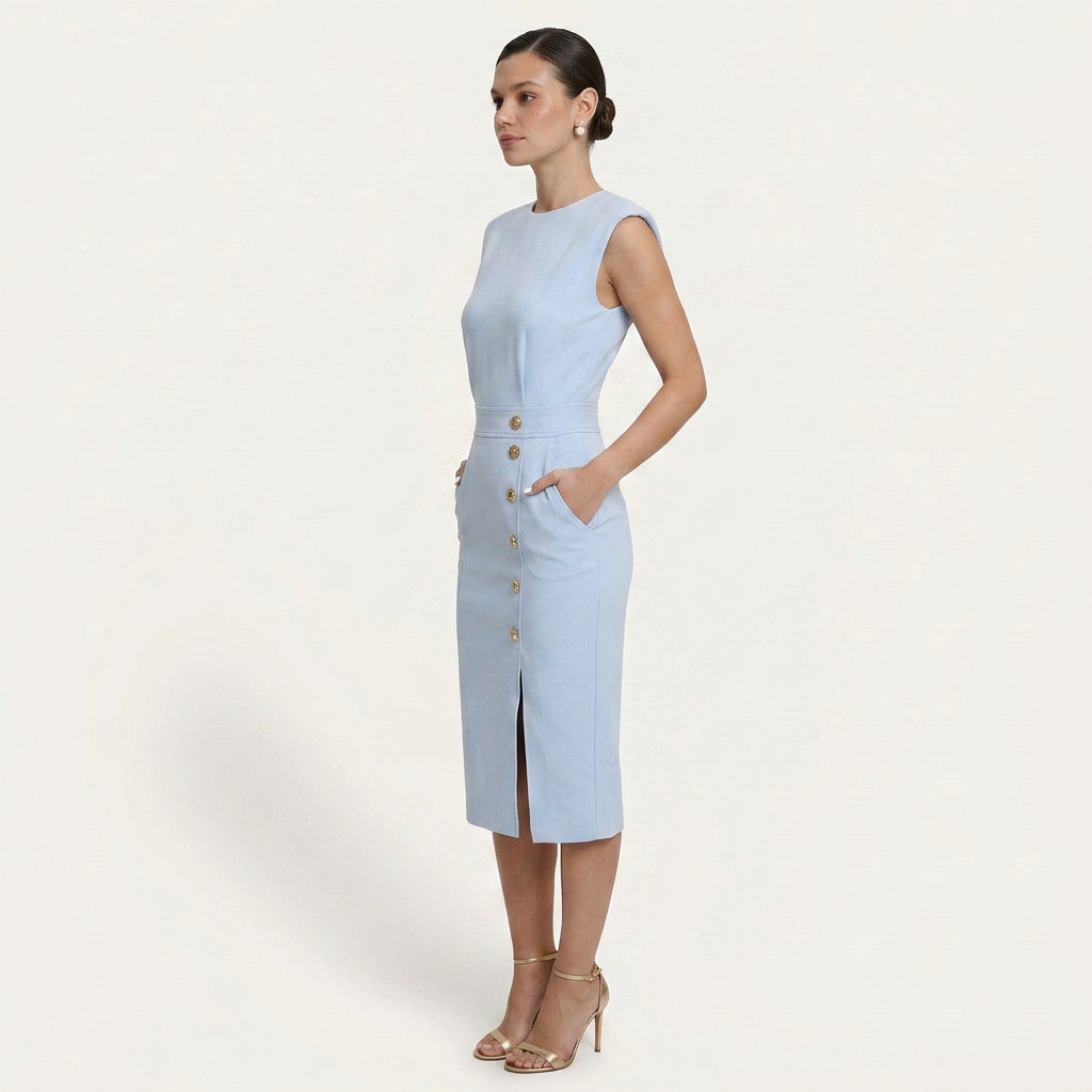 Robe Midi Sans Manches Femme Boutons Décoratifs
