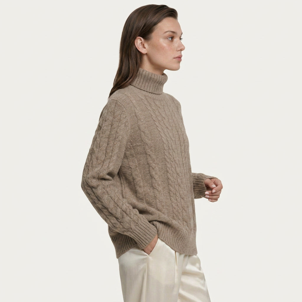 Pull Col Roulé Femme en Maille Torsadée