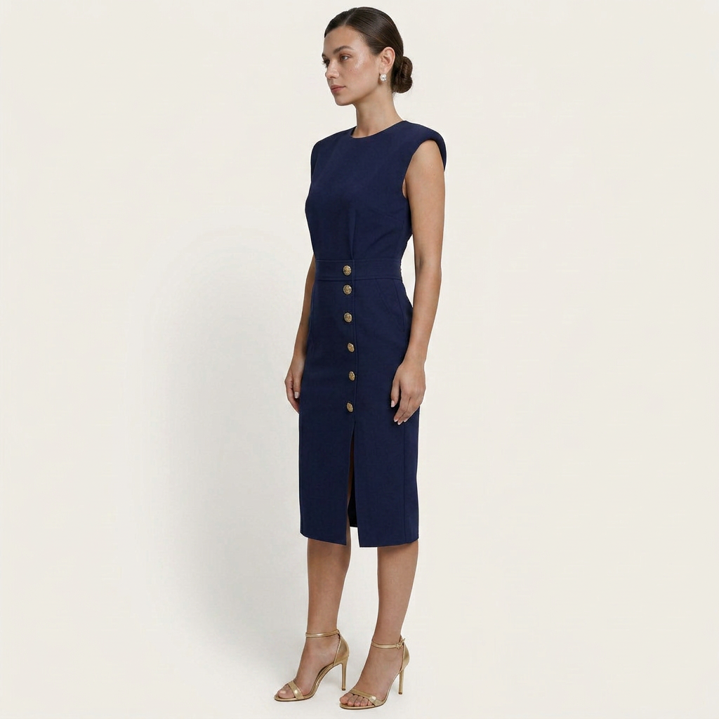 Robe Midi Sans Manches Femme Boutons Décoratifs
