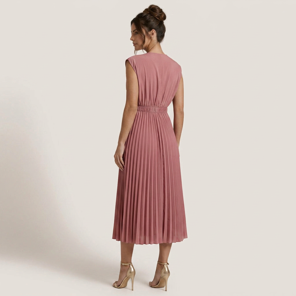 Robe Midi Femme Plissée Col V Profond