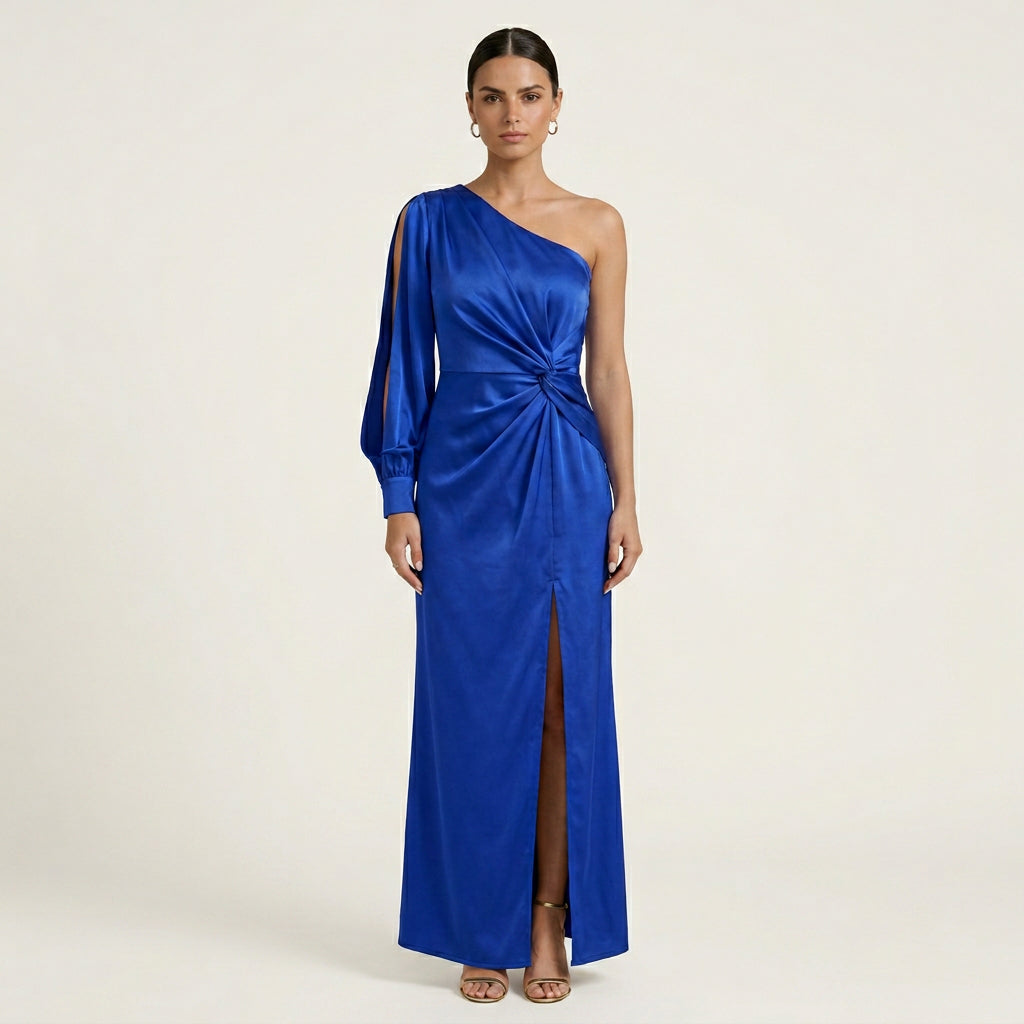 Robe Longue Satinée Femme Une Épaule Fendue
