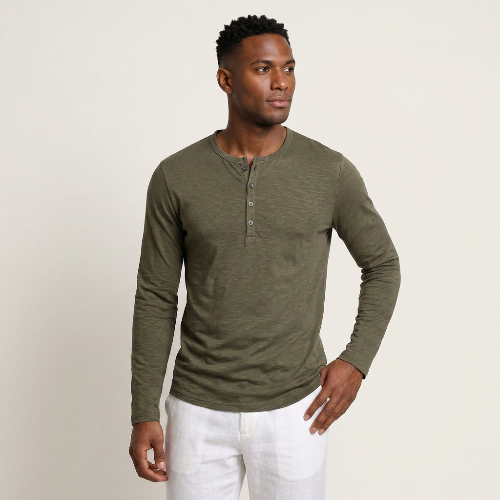 T-shirt Henley Homme Manches Longues Boutonné
