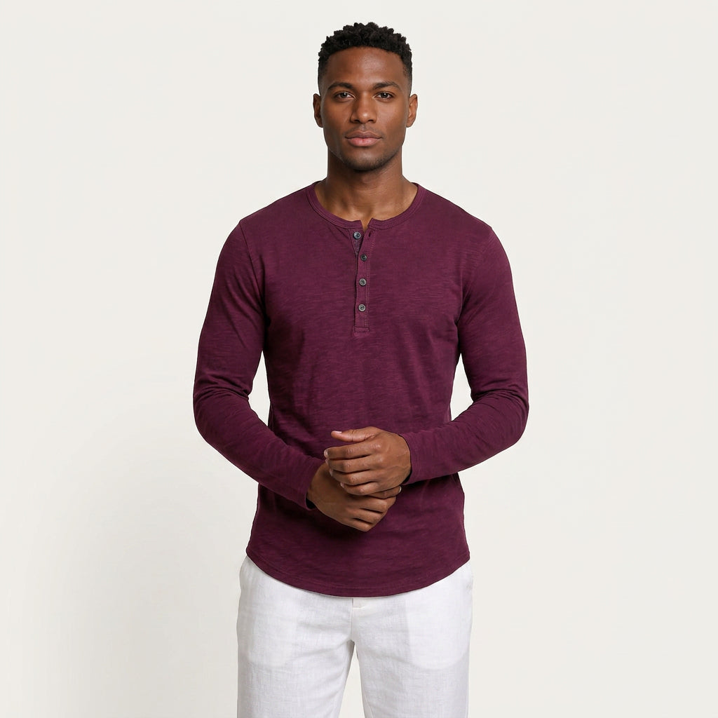 T-shirt Henley Homme Manches Longues Boutonné