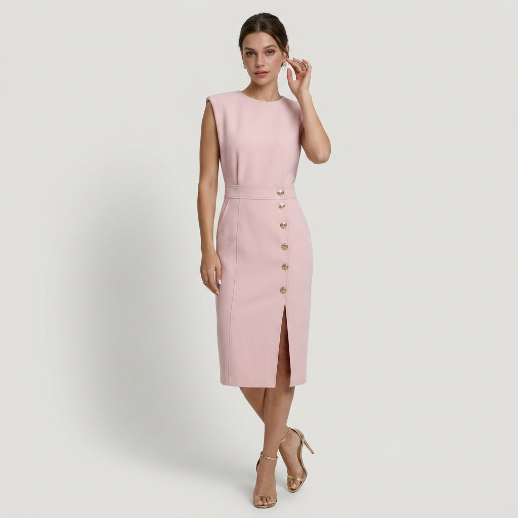 Robe Midi Sans Manches Femme Boutons Décoratifs