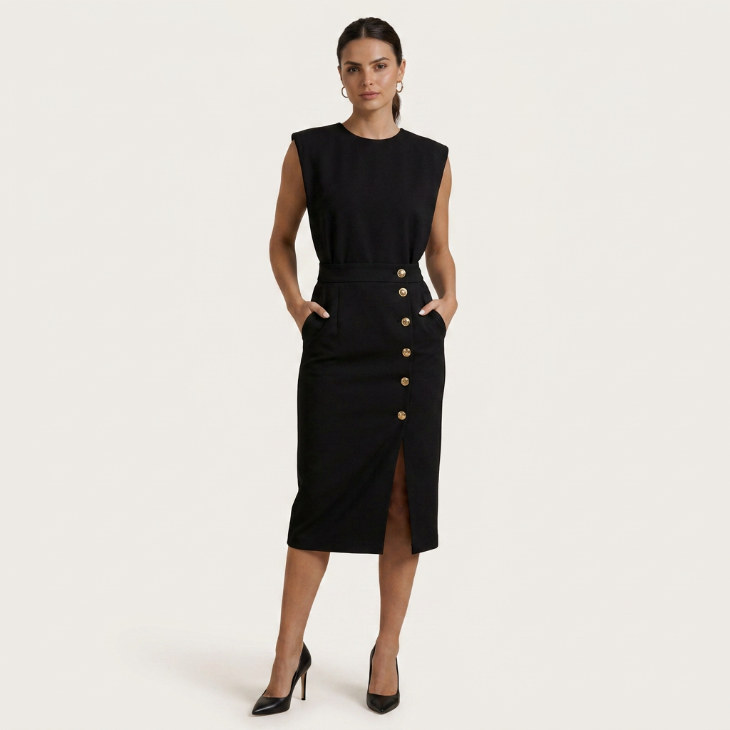 Robe Midi Femme Boutons Dorés Coupe Droite