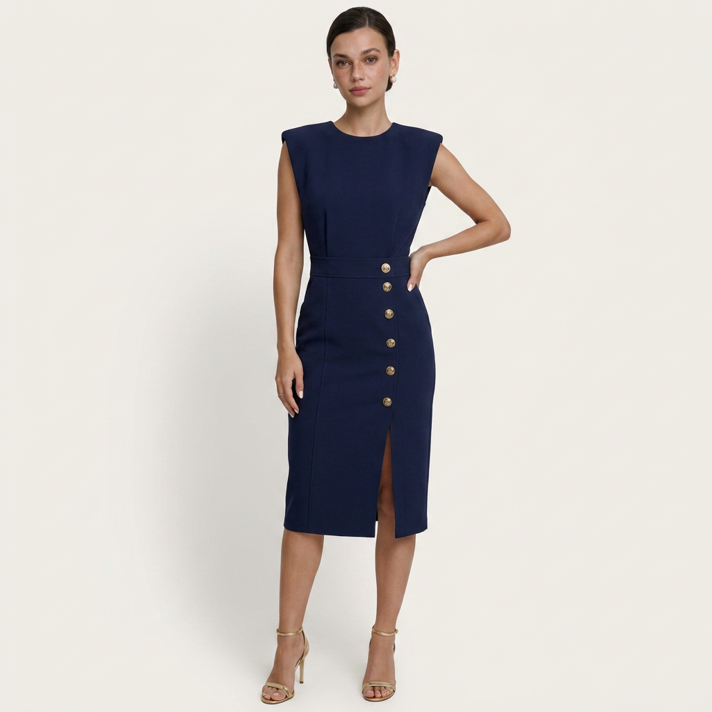 Robe Midi Sans Manches Femme Boutons Décoratifs