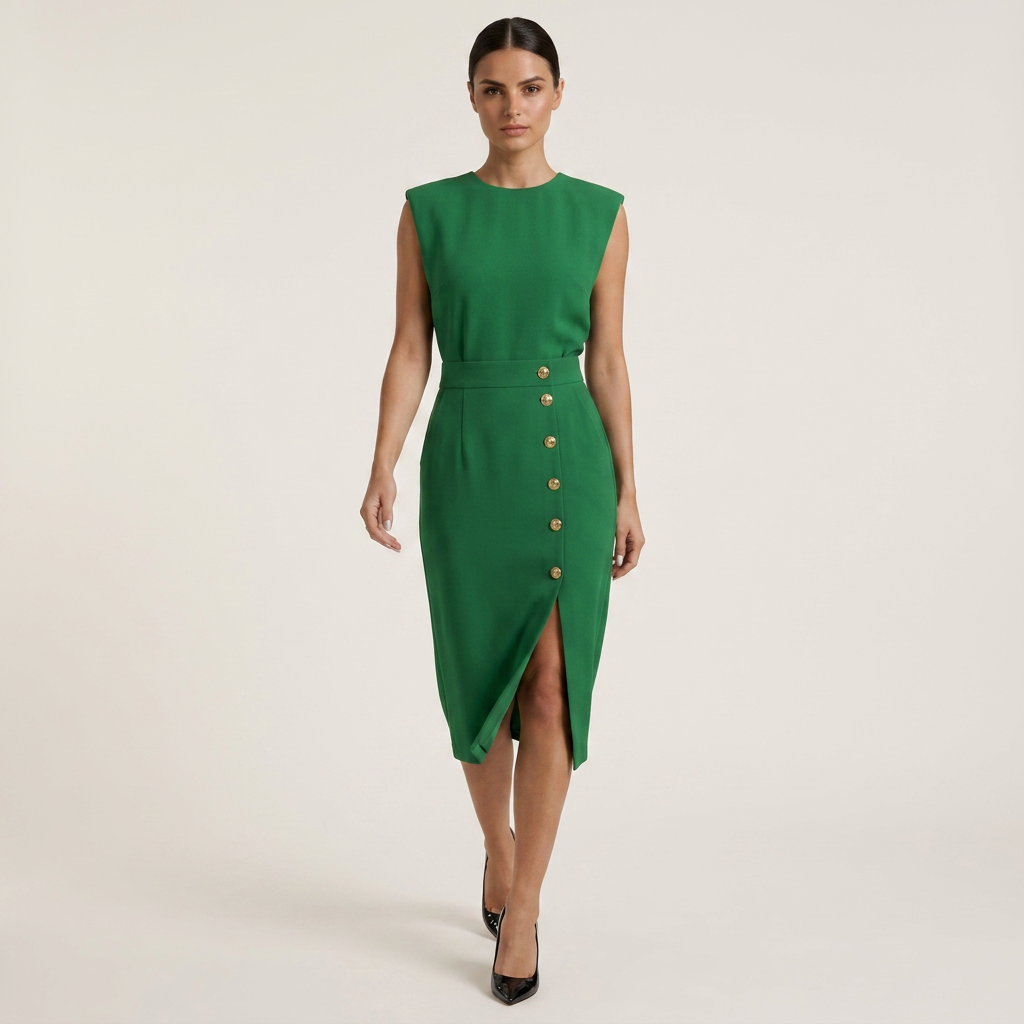 Robe Midi Femme Boutons Dorés Coupe Droite