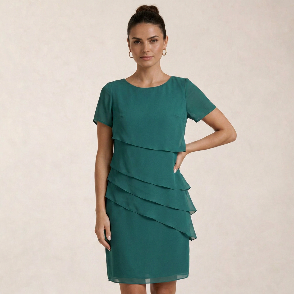 Robe Droite Femme Volants Superposés Manches Courtes
