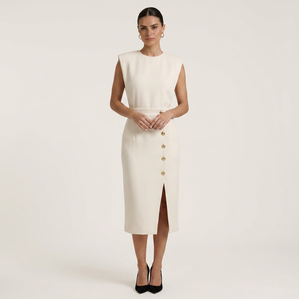 Robe Midi Femme Boutons Dorés Coupe Droite