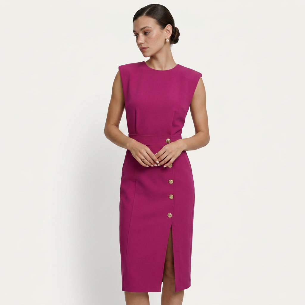 Robe Midi Sans Manches Femme Boutons Décoratifs