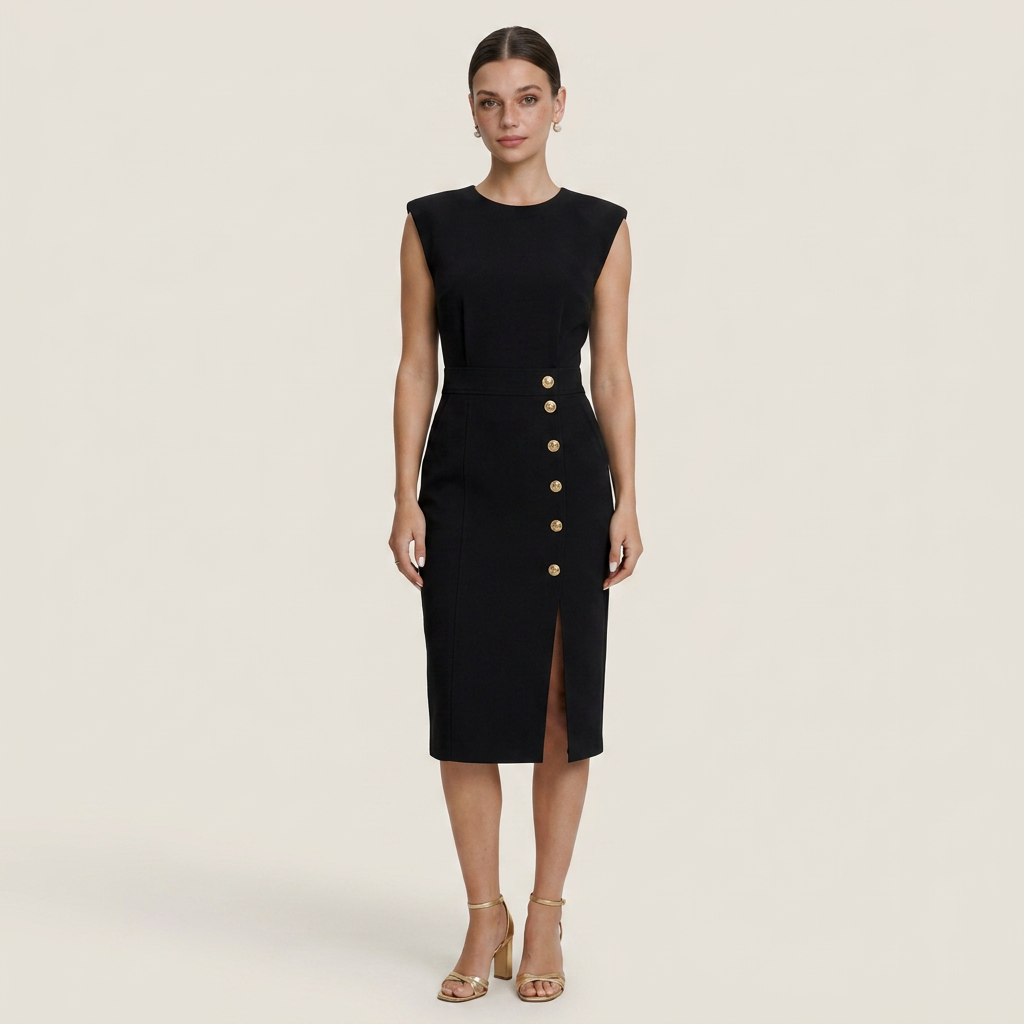 Robe Midi Sans Manches Femme Boutons Décoratifs