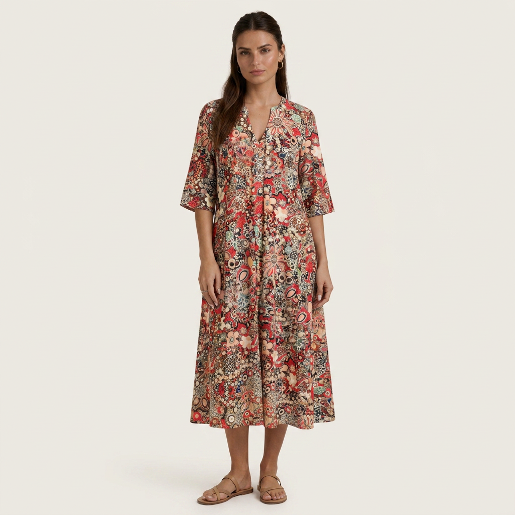 Robe Midi Femme Floral Abstrait Col V