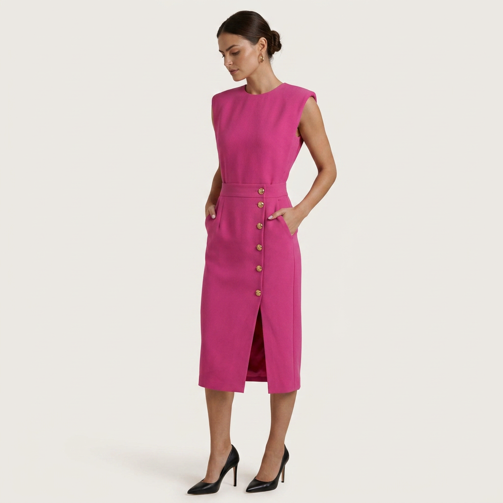 Robe Midi Femme Boutons Dorés Coupe Droite