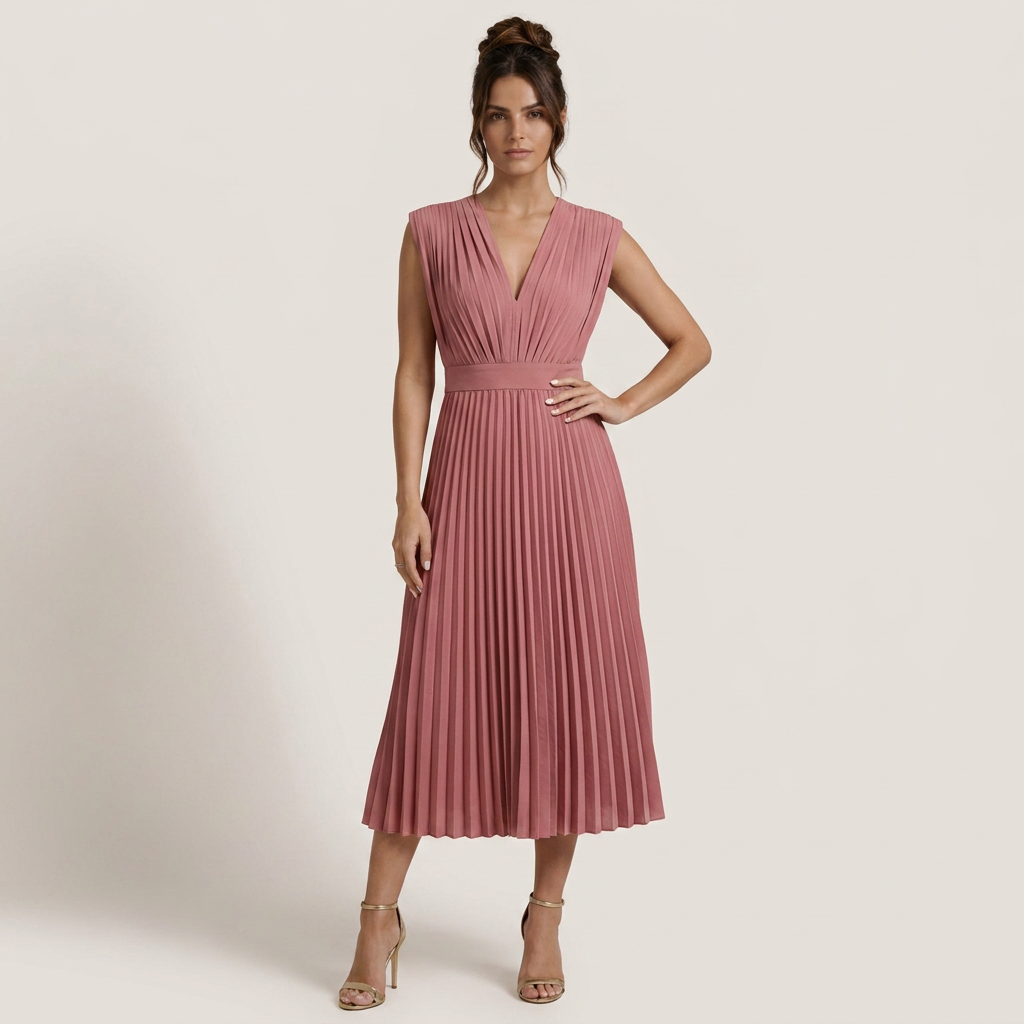 Robe Midi Femme Plissée Col V Profond