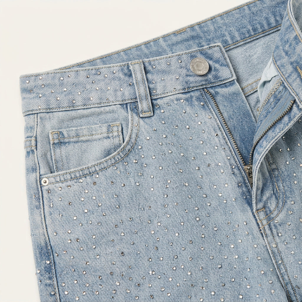 Jean Droit Femme Strass Denim Délavé
