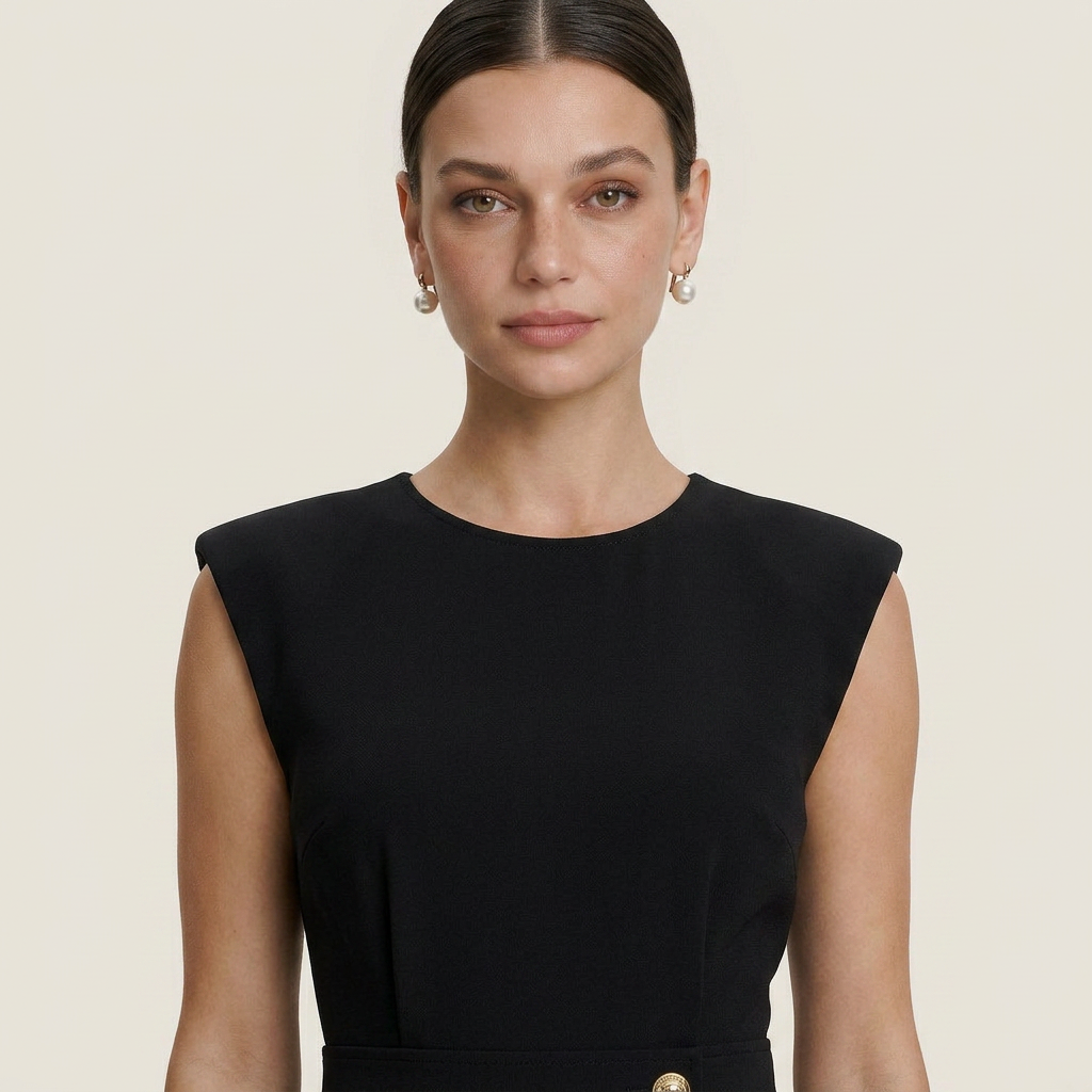 Robe Midi Sans Manches Femme Boutons Décoratifs