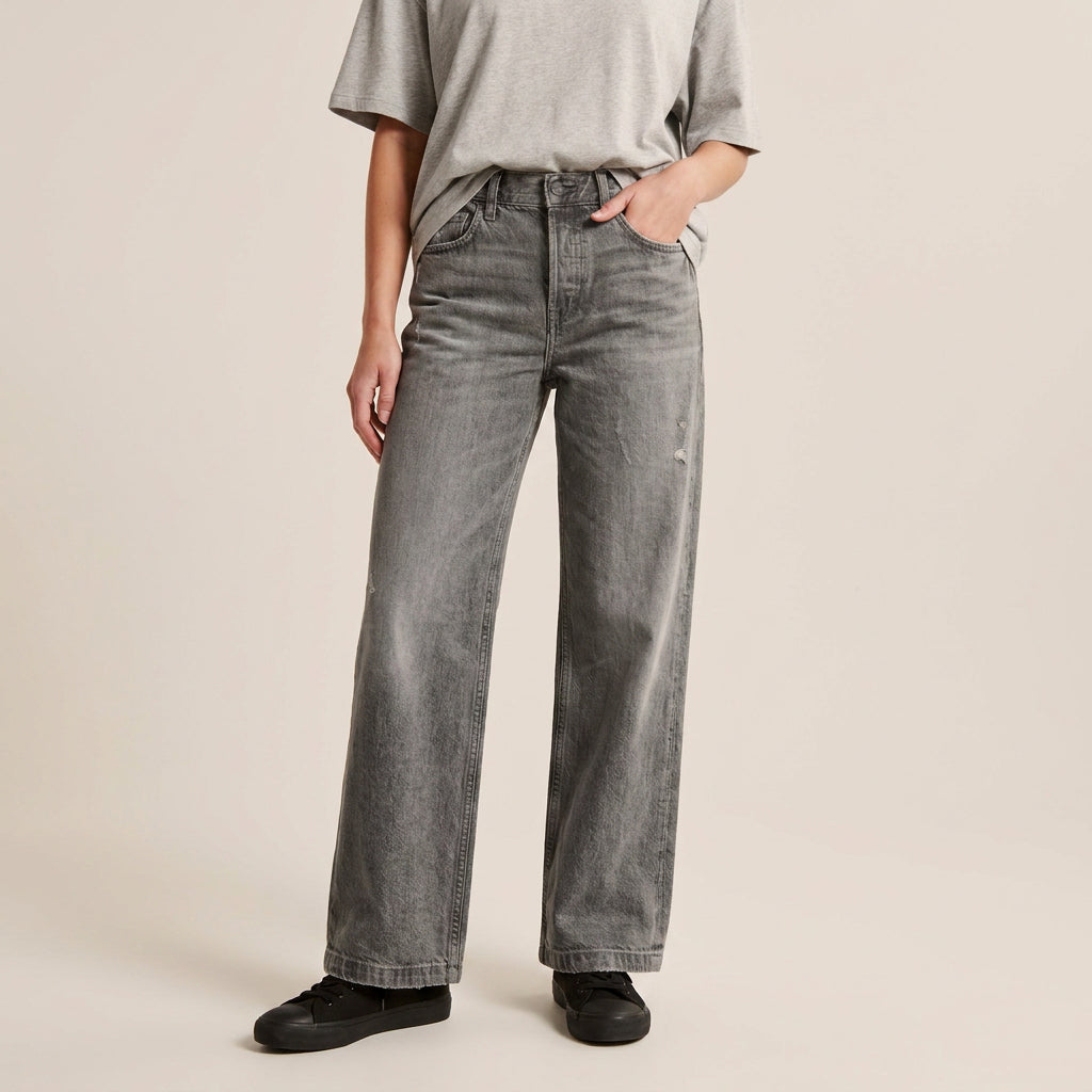 Jean Large Femme Vintage Taille Mi-Haute
