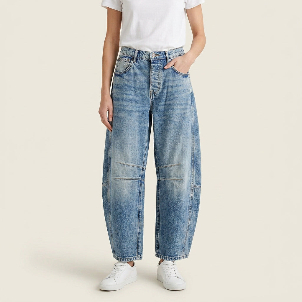 Jean Barrel Femme Denim Délavé Coutures Structurées