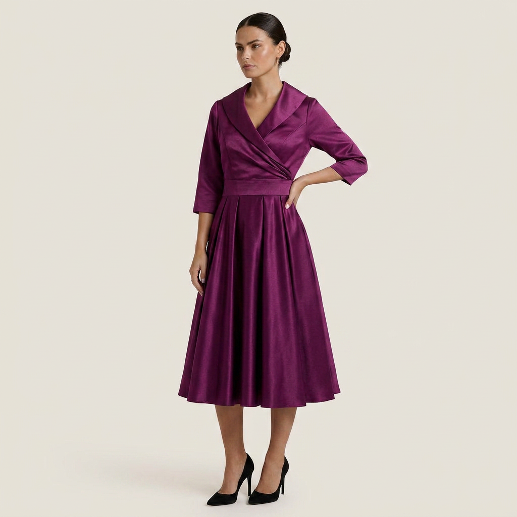 Robe Midi Portefeuille Femme Col Châle Manches 3/4