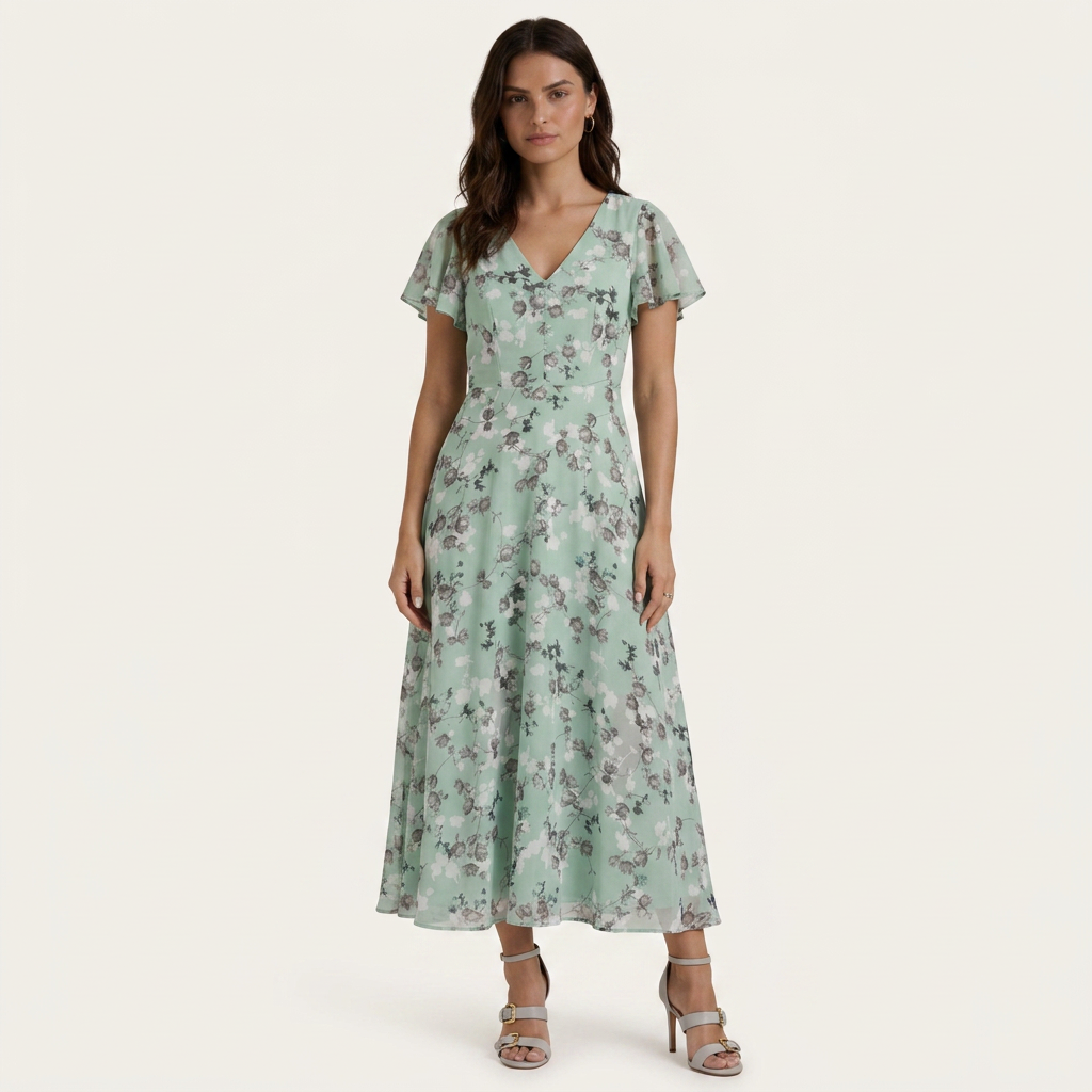 Robe Longue Fleurie Femme Col V Manches Volantes