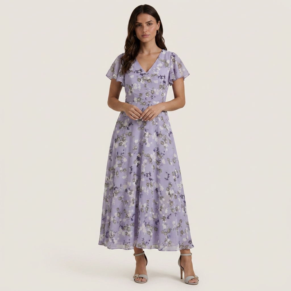 Robe Longue Fleurie Femme Col V Manches Volantes